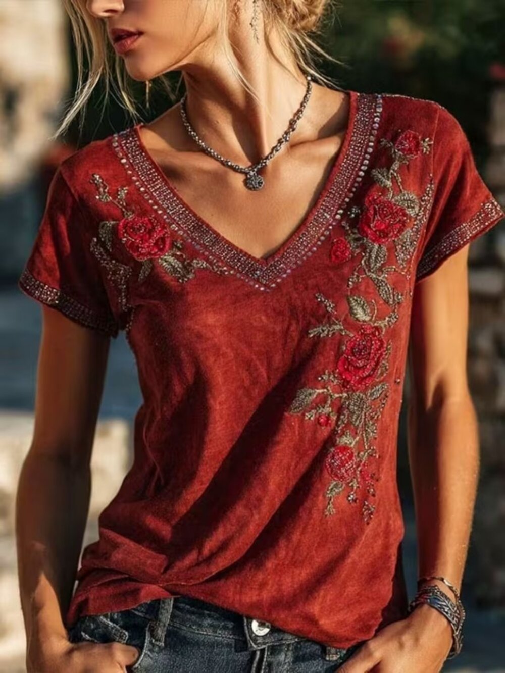 NWT Kitty's Boutique T Shirt Womens S Red Floral Rose Print V Neck Short Sleeve